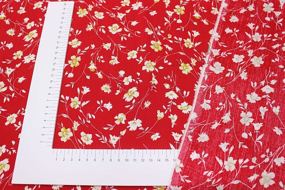 Штапель "Полонез" (бежевые цветы на красном), ВИД2,  ш.1.44м, вискоза-100%, 90гр/м.кв