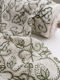 Льняная сетка "Переплетение листвы под набойку" цв.сливочный/зеленый хаки, ш.1.15м, лен-100%, 100гр/м.кв