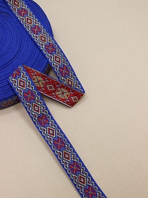 Жак.лента 24мм Красно-лимонный орнамент на васильковом