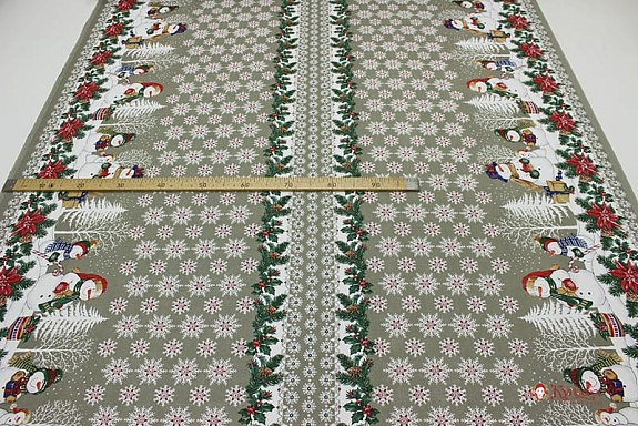 Рогожка "Снеговики со снежинками" цв.серый хаки, ш.1.5м, хлопок-100%, 160гр/м.кв