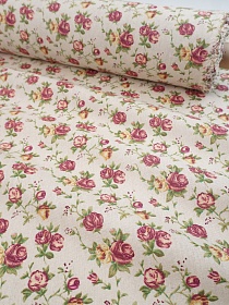 Полулен "Кустовые розы-зеленые листочки"(на светло-суровом), ш.1.5м, лен-40%, хл-40%, п/э-20%, 180гр/м.кв