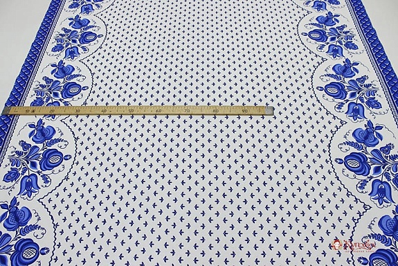 Полулен "Гжель по кайме" цв.белый, СОРТ2, ш.1.5м, лен-30%, хлопок-70%, 140гр/м.кв