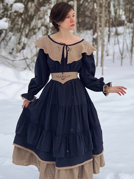 Платье из пестряди "Мелкая клетка" цв.серый/темно-синий