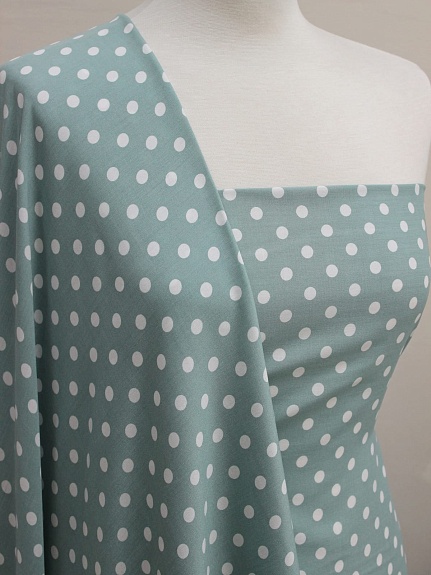 Штапель "Белый горох (9мм)" цв.св.голубой мох, ш.1.43м, вискоза-100%, 90гр/м.кв.