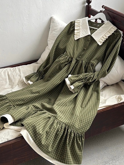 Платье из пестряди "Молочная клетка на т.болотно-зеленом"