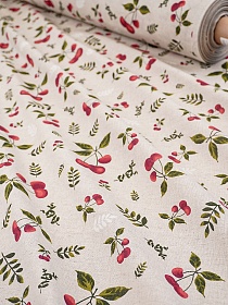 Полулен "Садовые вишенки" (на суровом), ш.1.5м, лен-30%, хлопок-70%, 145гр/м.кв
