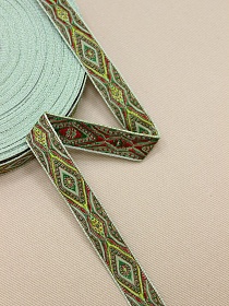 Жак.лента 16мм Красно-салатовый узор на нежной мяте, рис.9206/13