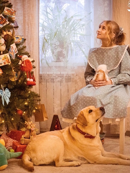 Новогоднее платье из теплого хлопка "Звездопад на серо-голубой дымке"
