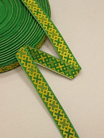 Жак.лента 18мм Желтые крестики на сверкающем зеленом