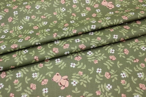 Сатин "Розовый мишка" цв.оливково-серый, ш.2.35м, хлопок-100%, 110гр/м.кв