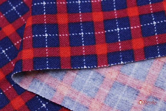 Фланель "Синяя клетка на красно-малиновом", ш.1.5м, хлопок-100%,180гр/м.кв
