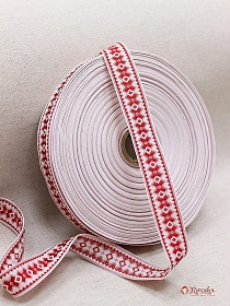 Жак.лента 24мм Красный орнамент-оберег крестики на белом