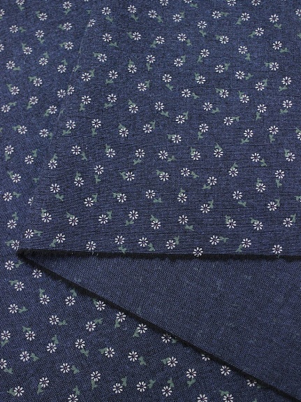 Плательный хлопок "Мелкие ромашки на джинсово-синем меланже", ш.1.5м, хл-80%, п/э-20%, 150гр/м.кв