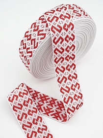 Лента тканая для поясов, 40мм Красный узор на белом