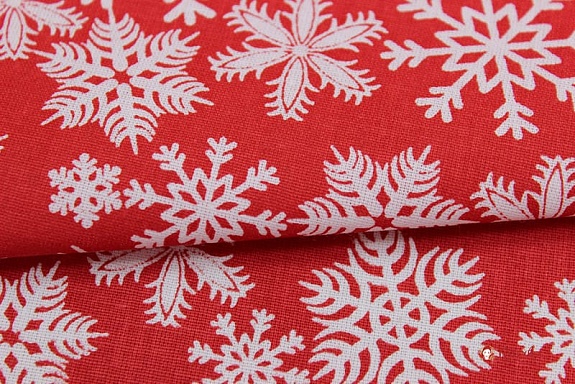Поплин "Белые снежинки на красном", СОРТ2, ш.1.5м, хлопок-100%,115гр/м.кв