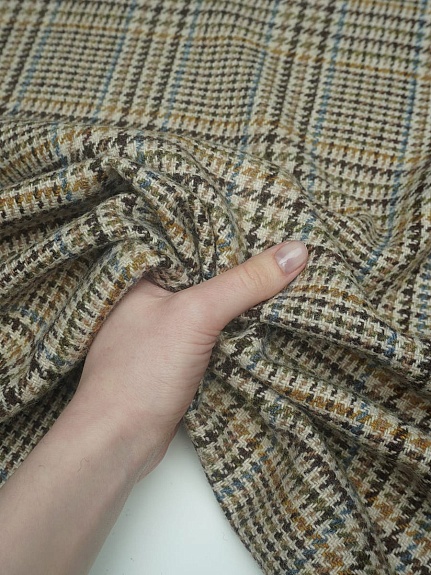 Шерсть пальтово-костюмная Твид "Гусиная лапка-клетка" цв.коричневый, ш.1.5м, шерсть-50%, п/э-50%