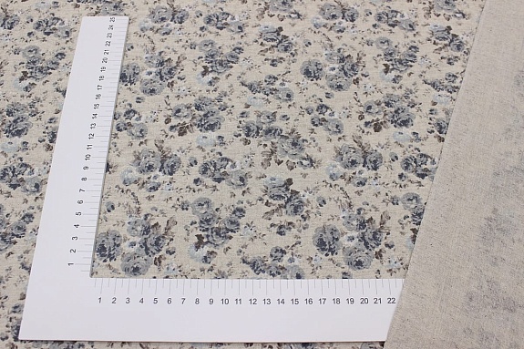 Полулен "Серо-голубые розочки" (на суровом), ш.1.5м, хлопок-70%, лен-30%, 140гр/м.кв