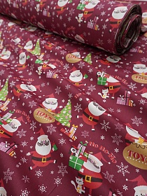 Сатин "Веселый Санта" цв.бордово-свекольный, ш.1.6м, хлопок-100%, 110гр/м.кв