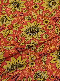 Вафельная полотно "Цветущая хохлома " цв.красный, СОРТ2, ш.1.5м, хлопок-100%, 160гр/м.кв