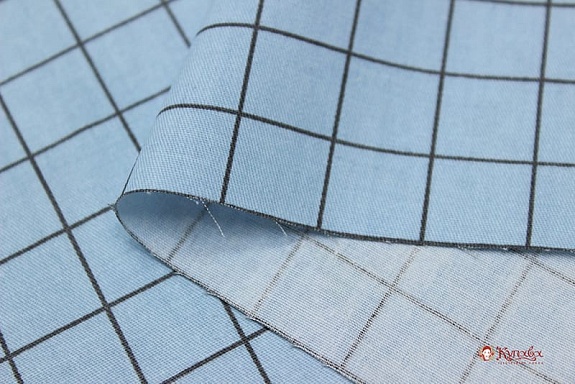 Сатин "Темно-серая клетка на светло-голубой дымке", СОРТ2, ш.1.61м, хлопок-100%, 110гр/м.кв