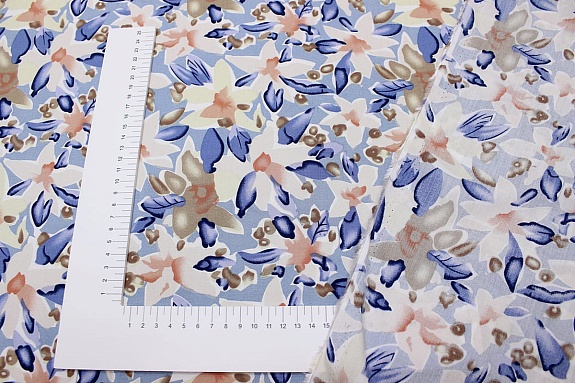 Штапель "Акварельные лилии" цв.голубой, ш.1.44м, вискоза-100%, 90гр/м.кв