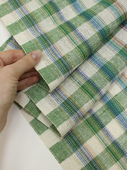 Холст полотенечный "Клетка меланж" цв.зеленый/суровый, ш.0.5м, лен-40%, хлопок-60%, 200гр/м.кв