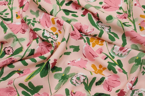 Штапель "Акварельные маки" цв.розовый, ш.1.45м, вискоза-100%, 110гр/м.кв