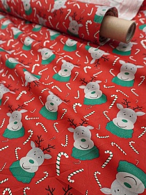 Сатин "Рождественские оленята" цв.алый, ш.1.6м, хлопок-100%, 120гр/м.кв