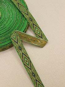 Жак.лента 16мм Горчично-синий узор на сверкающем зеленом