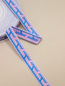 Жак.лента 18мм Бирюзовый/св.розовый орнамент на белом