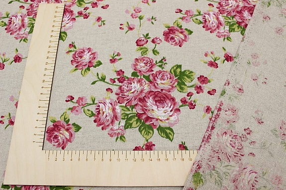Полулен "Розовые розочки" (на суровом), СОРТ2, ш.1.5м, лен-30%, хлопок-70%, 147гр/м.кв