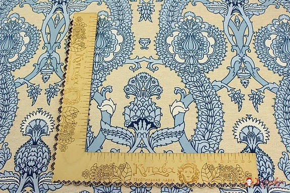 Мерный лоскут - Рогожка Премиум "Голубой цветочный орнамент на бежевом", ш.1.5м, хлопок-100%