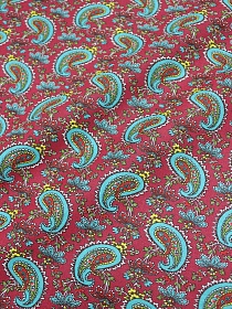 Бязь "Бирюзовые огурчики на винтажно-бордовом", ш.1.5м, хлопок-100%, 120гр/м.кв