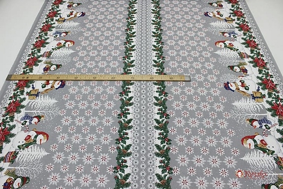 Рогожка "Снеговики со снежинками" цв.стальной серый, ш.1.5м, хлопок-100%, 160гр/м.кв