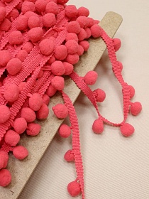 Тесьма "Помпоны" цв.насыщенный коралл, шир.тесьмы без помпона-10мм; помпон Ø-16мм, п/э-100%