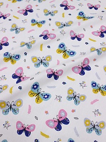Сатин "Яркие бабочки" цв.белый, ш.1.60м, хлопок-100%, 110гр/м.кв