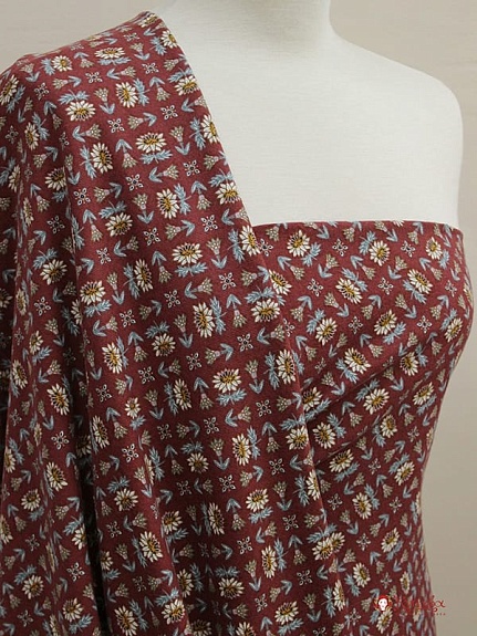 Плательный хлопок с микроворсом "Орнамент-цветочный винтаж на бордово-коричневом", ш.1.46м, хл-100%