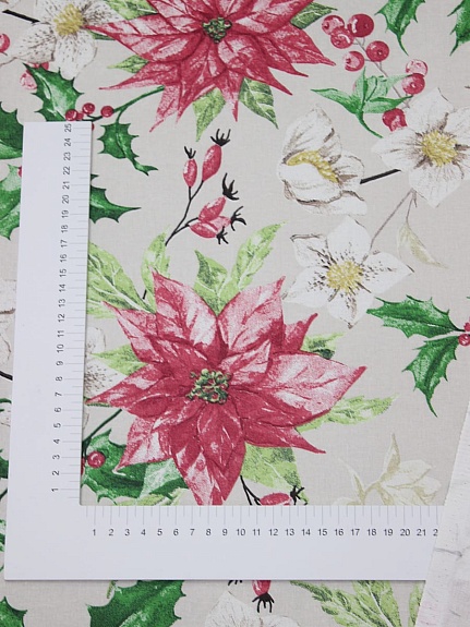 Бязь "Рождество-цветы" цв.бежевый, ГОСТ, 2.2 м, хлопок-100%, 120гр/м.кв