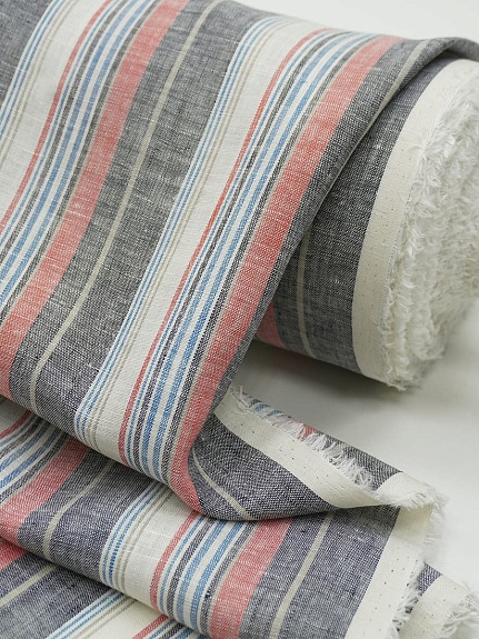 Лен сорочечный пестротканый с умягчением "Полоски" цв.черный/красный/синий, ш.1.5м, лен-100%