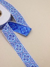 Жак.лента 31мм Васильково-бирюзовый орнамент на белом