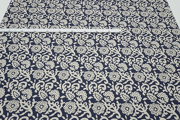 Полулен "Лунный цветок" цв.синий (на суровом), ш.1.5м, лен-30%, хлопок-70%, 147гр/м.кв