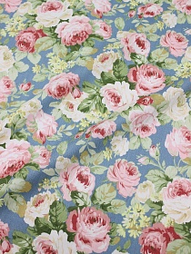 Сатин "Великолепие роз на св.сине-зеленом", ш.1.6м, хлопок-100%, 110гр/м.кв