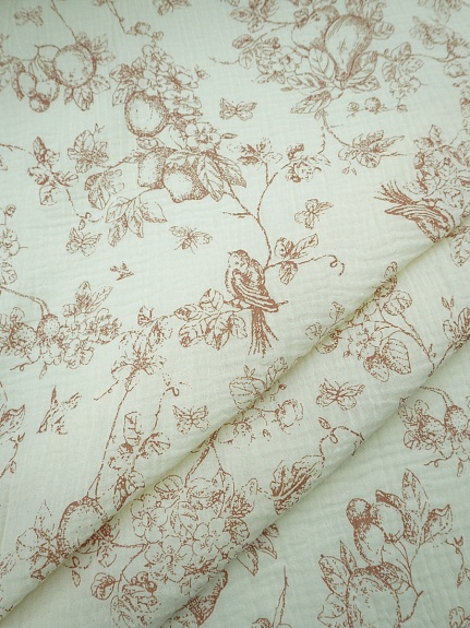 Муслин двухслойный с эф.жатости "Садовая трель" цв.кремовый/коричневый, ш.1.4м, хл-100%, 115гр/м.кв