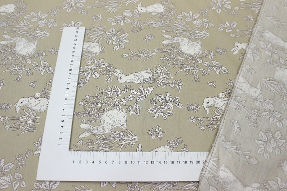 Сатин "Луговые зайчата" цв.бежевый с зеленым оттенком, ш.2.35м, хлопок-100%, 110гр/м.кв