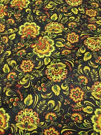 Рогожка "Желто-зеленая хохлома на черном с птицами", СОРТ2, ш.1.5м, хлопок-100%, 170гр/м.кв