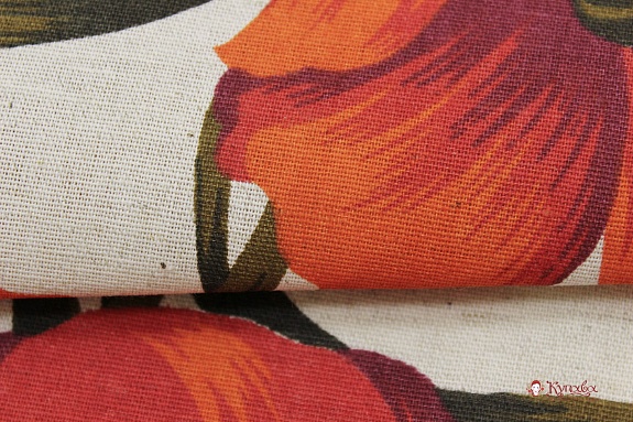 Полулен "Крупные маки по кайме" (на т.суровом), ш.1.5м, хлопок-70%, лен-30%, 140гр/м.кв