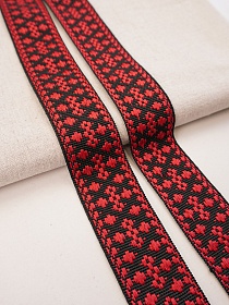 Лента тканая для поясов, 40мм Красный орнамент на черном, рис.9532