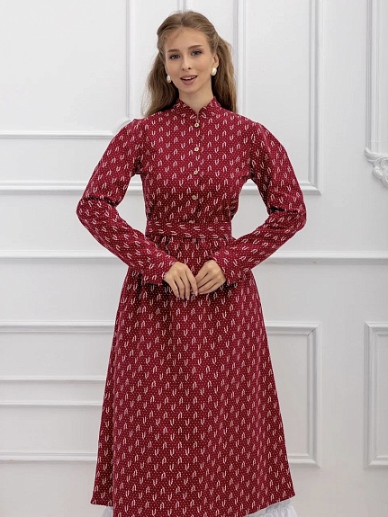 Платье из Теплого хлопка "Набойка-веточки с горошком" в бордовом цвете
