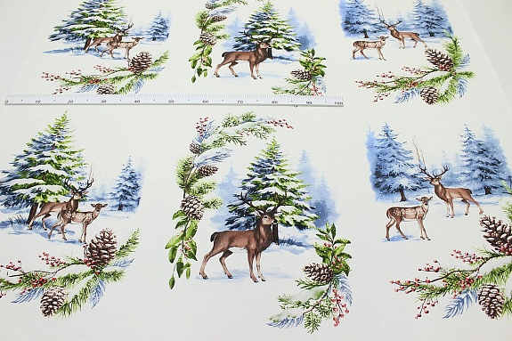Рогожка "Олени в зимнем лесу", ш.1.5м, хлопок-100%, 150гр/м.кв, раппорт 63см