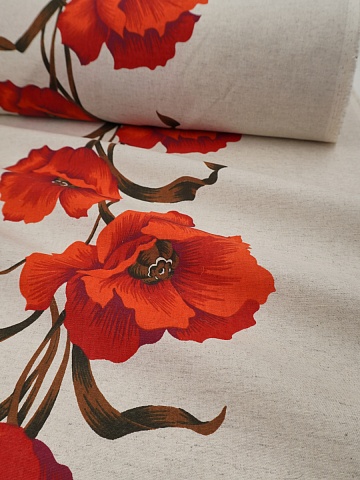 Полулен "Крупные маки по кайме" (на суровом), СОРТ2, ш.1.5м, хлопок-70%, лен-30%, 140гр/м.кв